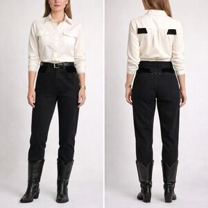Thoroughbred Riding Jeans Women 3/4 Black Denim Velvet Trim High Waisted USA VTG
